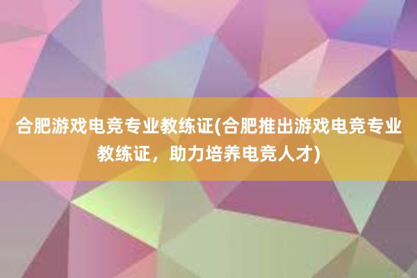 合肥游戏电竞专业教练证(合肥推出游戏电竞专业教练证，助力培养电竞人才)